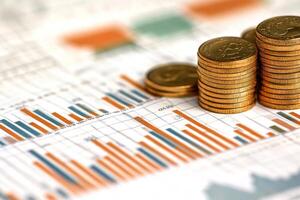 Stacks of golden coins standing on a business chart representing investment growth photo