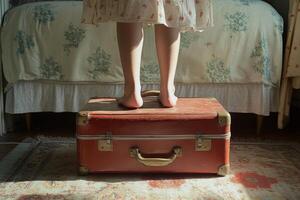 Child standing on red suitcase in sunny bedroom photo