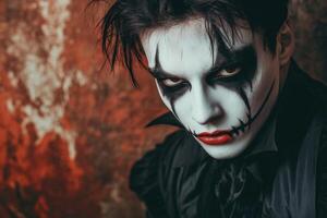 Young man wearing scary halloween vampire makeup posing photo