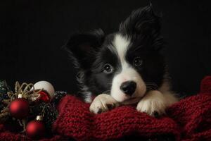 Border collie puppy resting on red blanket with christmas decorations photo
