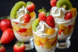 Delicious dessert cups filled with yogurt, mango, strawberries and kiwi photo