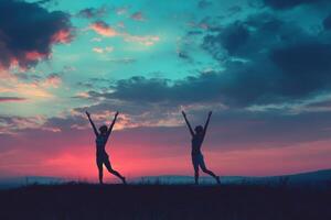 Two young women practicing yoga at sunset photo