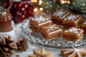 Delicious christmas caramel candies with frosting decoration on a glass plate photo