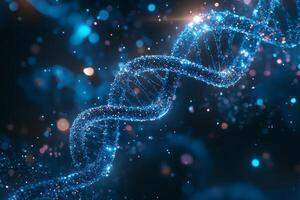 Glowing blue dna strand is rotating on a dark background with bokeh lights photo