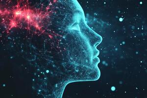 Artificial intelligence face thinking with connected lines and dots photo