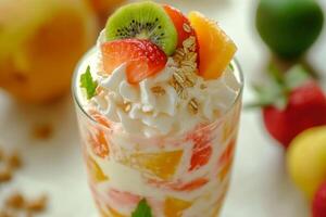 Delicious layered dessert with yogurt, cereals, kiwi and strawberries garnished with mint photo
