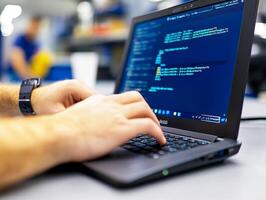 Software developer writing code on laptop working on project in office photo