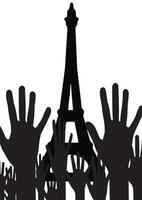 A crowd of hands reaching up to the eiffel tower vector