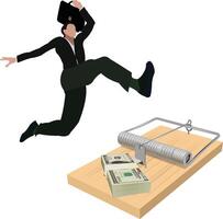 A man in a suit jumping out of a mousetrap with money vector