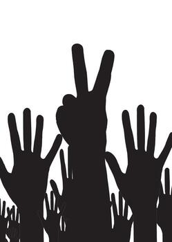 Crowd cheering showing support with raised hands and peace sign vector