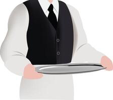 A waiter holding a tray of silverware vector