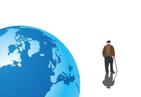 A man with a cane stands in front of a globe vector