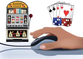 Hand clicking a computer mouse with a slot machine and playing cards in the background vector