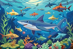 Shark and fish in the ocean with coral reefs vector