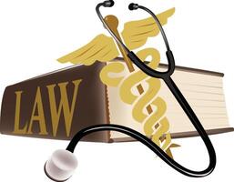 Medical law book with caduceus and stethoscope resting on top vector