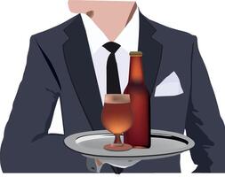 A waiter in a suit holding a tray with a beer and a bottle vector