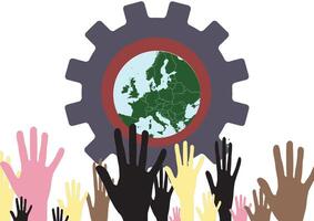 A group of hands holding up a globe and a gear vector