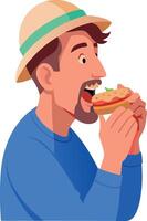 A man is eating a sandwich with a hat on vector