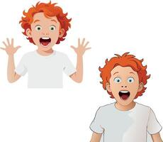 Redhead boy with open mouth raising hands in surprise vector