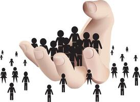 Concept of a giant hand holding a large group of stylized people, protecting and supporting them vector