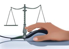 Lawyer clicking on a mouse with scales of justice in the background vector