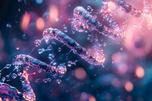 Liquid dna molecule is rotating with bokeh effect on a blue and pink background photo