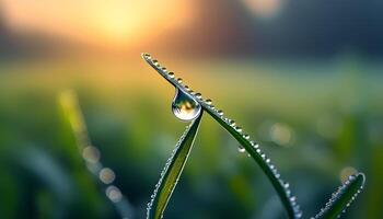 Dew Drop on Green Blade of Grass at Sunrise photo