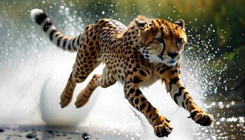 Agile Cheetah in Mid-Run Splashes Water photo