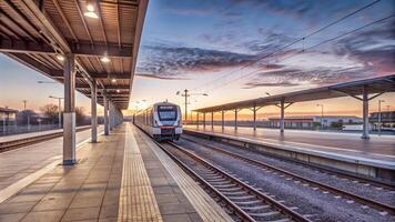 Quiet Train Station at Dawn with First Train Arriving photo
