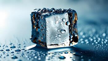 Clear Ice Cube with Water Drops on Surface photo
