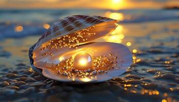 Glowing Pearl in Open Shell at Sunset photo