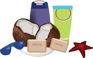 Coconut beauty products for skin and hair care lying on towel with sunglasses and starfish vector