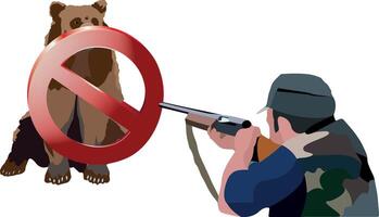 A man with a gun pointing at a bear vector