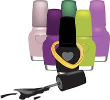 Black nail polish spilling out of the bottle surrounded by colorful bottles vector