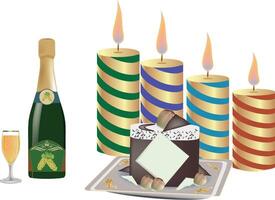 A cake, candles and a bottle of champagne vector