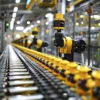 A meticulously organized assembly line in a manufacturing plant highlights the efficiency and precision of modern production processes, ensuring high-quality output. photo