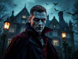 Dark vampire with glowing red eyes and a sinister expression standing in front of a haunted mansion on Halloween night photo