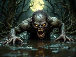 Terrifying creature with glowing eyes and sharp teeth crawling through a swamp under the full moon photo