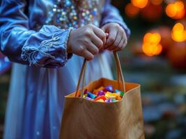 Child holding a bag of colorful Halloween candy while trick-or-treating in a festive, glowing setting photo