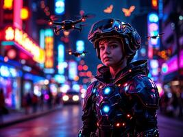 Futuristic child in high-tech armor suit with drones flying overhead in a neon-lit cityscape on Halloween night photo