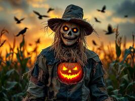 Terrifying scarecrow with glowing eyes and jack-o'-lantern chest standing in a cornfield at sunset with crows flying overhead photo