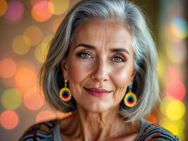 Elegant elderly woman with rainbow earrings smiling confidently at colorful pride event photo