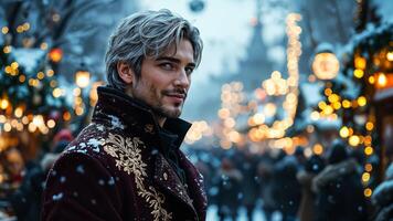 Handsome man in embroidered coat at snowy holiday market, festive winter scene with lights photo