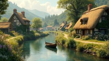 A river runs through a village with thatched roofs photo