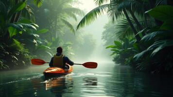 A man paddles a kayak through a river in the jungle photo