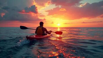 A man in a kayak paddling at sunset photo