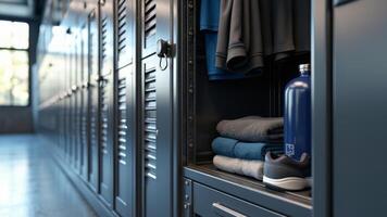 Gym locker with folded towels, water bottle, and athletic shoes in a fitness center locker room photo