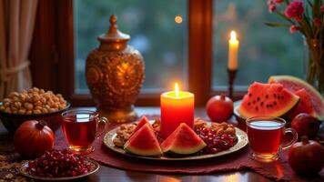 Cozy candlelit table with watermelon, pomegranate, tea, and traditional snacks by the window photo