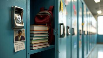 School locker with textbooks, backpack, and personal items in an organized blue locker hallway photo