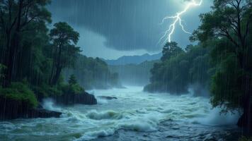A river with lightning and trees in the background photo